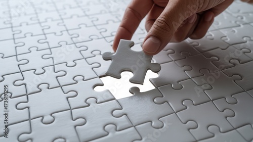 Hand placing last piece of jigsaw puzzle completing the final task business strat