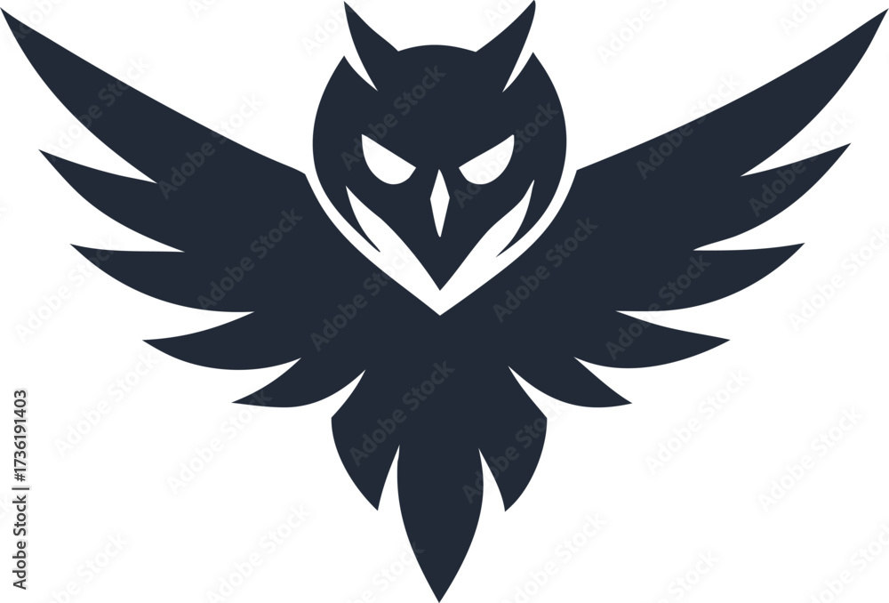 Obraz premium Dark owl silhouette with wide spread wings and sharp features vector illustration