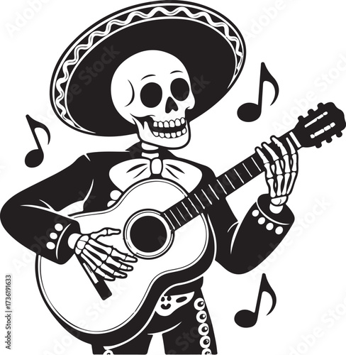 Skeleton guitar player silhouette vector