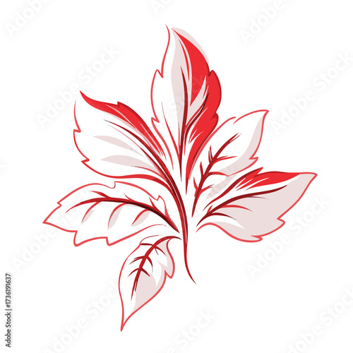 Stylized red and white abstract leaf shape with veins vector illustration background