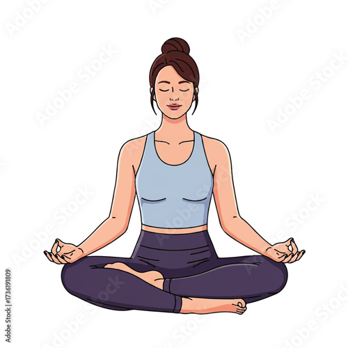 Serene woman meditating in a lotus position, practicing mindfulness and relaxation for inner peace and well-being