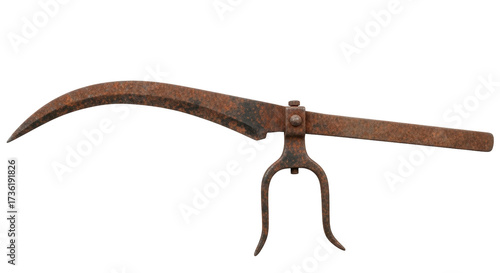 Fotografía Isolated Antique rusty sickle or pruning hook with handle, worn surface and meta