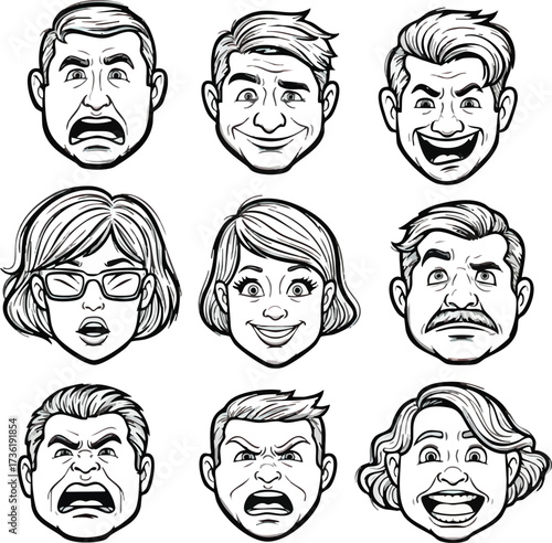 A collection of nine diverse cartoon faces displaying a range of human emotions, from joy and surprise to anger and distress, rendered in black and white line art.