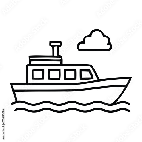Outline Drawing of a Boat Sailing on Wavy Water Under a Cloud, in boat, ship, vessel, water, sea, ocean, travel, vector illustration.