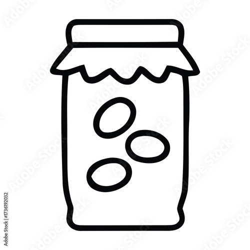 Outline Drawing of a Jar Filled with Olives on White Background, in jar, container, olives, food, preserved, pickled, vector illustration.