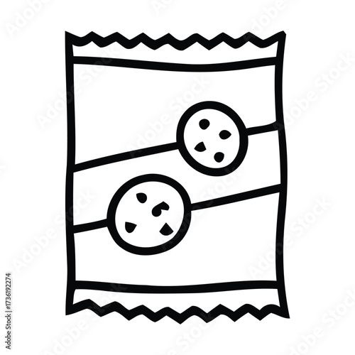 Outline Illustration of a Snack Bag with Two Cookies Inside on White Background in snack bag, packaging, cookies, vector illustration.