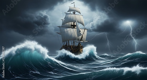 A ship sailing on a stormy sea with lightning in the background sky