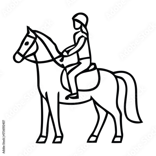 Person riding a horse with saddle and helmet on white background, equestrian, rider, vector illustration.