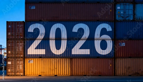 Stacked shipping containers displaying the number 2026 at a port terminal during dusk, symbolizing global trade, logistics, industry growth and the importance of commerce in shaping future economies.