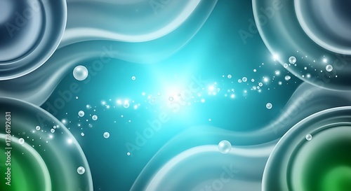 Abstract background with bubbles and glowing light in teal and green