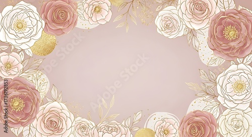 Floral arrangement with roses and golden circles on a pink backdrop