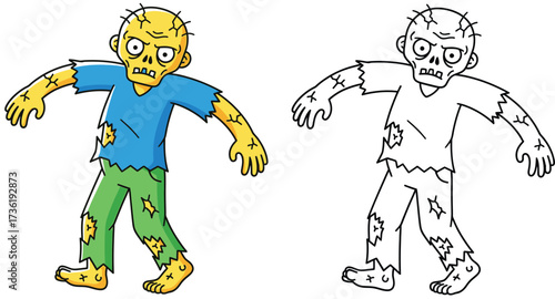 Cute Cartoon Zombie Walking with Tattered Clothes - Halloween Undead Character Illustration