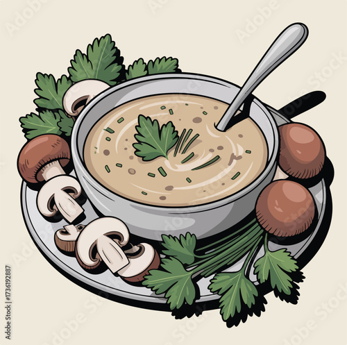 Closeup of a creamy, delicious bowl of healthy vegetable soup with fresh ingredients, perfect for a vegetarian lunch or dinner