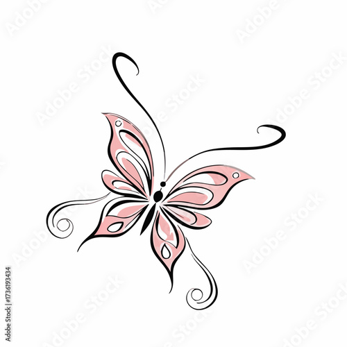 Pink butterfly with black swirls and white background vector illustration insect