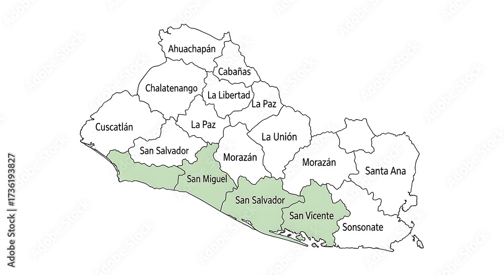 Fototapeta premium Detailed map of El Salvador highlighting the San Miguel region, showcasing its location and boundaries within the country, providing a clear geographical overview.