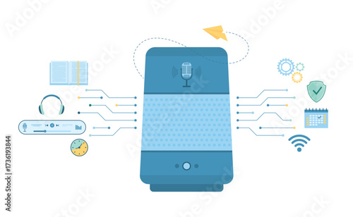 Smart voice assistant technology, infographic scheme vector illustration. Cartoon isolated speakers system with AI control, voice recognition, cyber protection, wireless data analysis automation