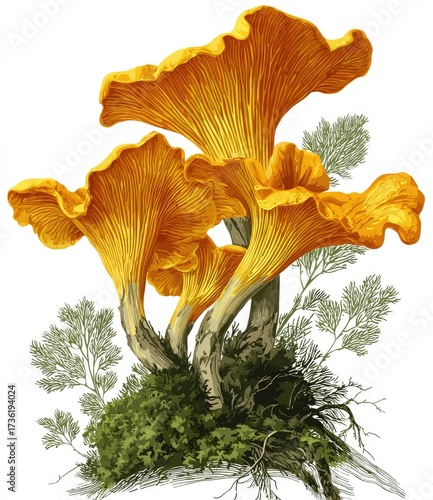 Vibrant yellow mushrooms with delicate foliage