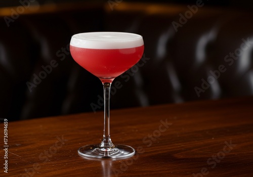 Luminous Pink Sour Cocktail with Silky Foam in an Elegant, Dimly Lit Bar