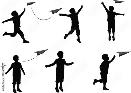 Silhouette boy playing with paper airplane, child throwing plane, happy kid running, flying paper toy, childhood fun, outdoor activity illustration