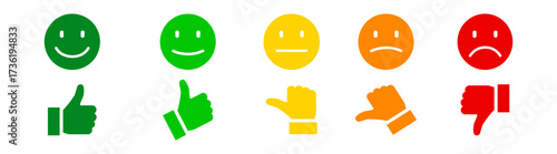 Smiley faces and thumbs feedback rating scale icons vector set on transparent background