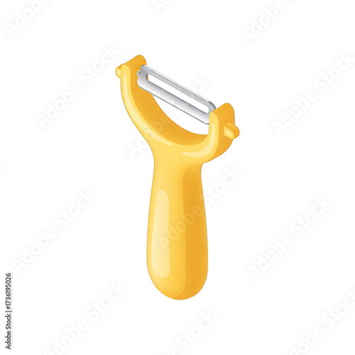 A vibrant yellow handled vegetable peeler with a sharp metallic blade, an indispensable kitchen tool for effortless food preparation.