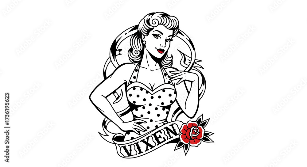 Obraz premium Retro pinup woman poses confidently with a vixen banner and rose tattoo in a classic vintage style, evoking a sense of timeless beauty and allure.