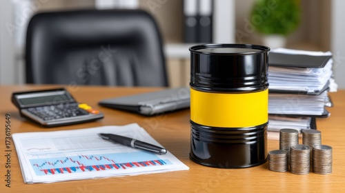 Financial Advisor Desk Featuring Yellow Labeled Canister and Financial Documents for Professional Analysis