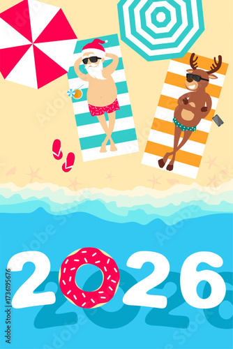 Christmas holiday. Santa Claus relaxing on the beach. 2026 inflatable donuts. Greeting Christmas card	
