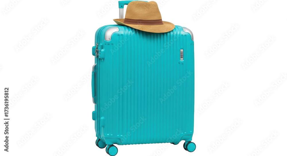 Obraz premium Isolated turquoise luggage suitcase with a summer hat on top, vacation concept image