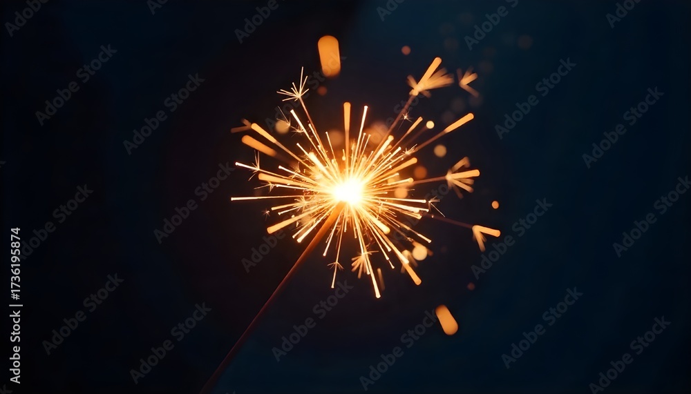 Fototapeta premium A handheld sparkler explodes with golden light and streaks of fire against a pitch-black background.