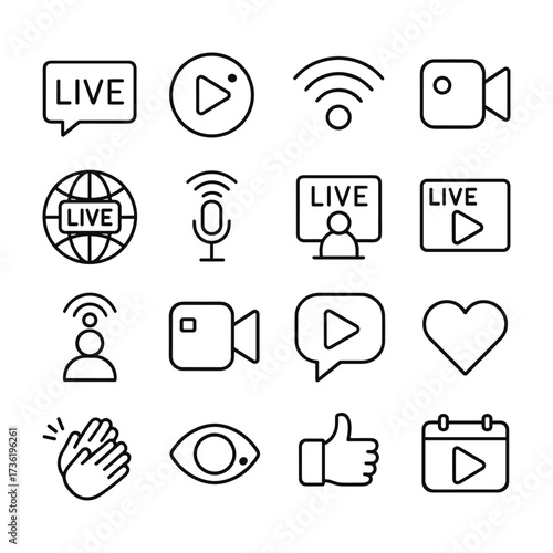 Live streaming outline icons. Outline symbols. Line design