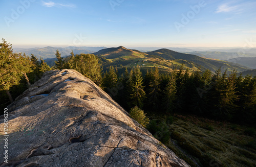 Bild auf Leinwand Stunning view from top of rocky outcrop overlooking Pysanyi Kamin in Carpathians, Ukraine