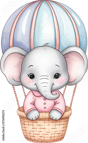 Little elephant traveler in a flying balloon basket. Whimsical nursery safari animal floating in the sky.
