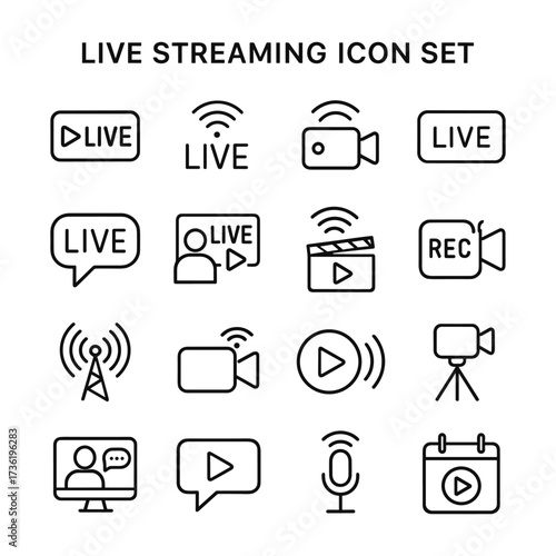 Live streaming vector icon set. Outline symbols. Line design