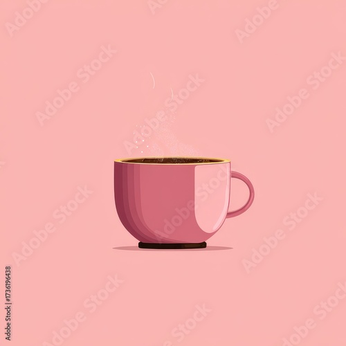 Minimalist Pink Coffee Cup with Gold Rim, Soft Lighting, Isolated on Pink Background.