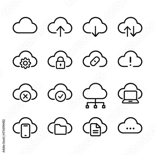 Cloud storage technology icons collection. Outline symbols. Line design