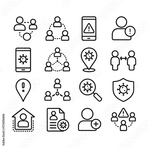 Contact tracing vector icons set. Outline symbols. Line design
