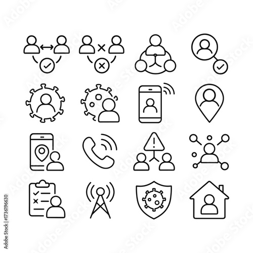 Pandemic contact tracing vector icons. Outline symbols. Line design