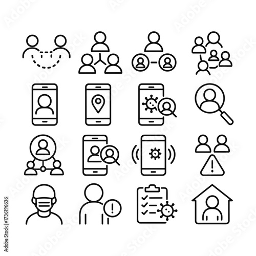 Health monitoring contact tracing icons. Outline symbols. Line design