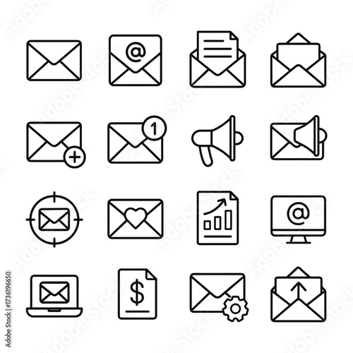 Email campaign marketing icons. Outline symbols. Line design