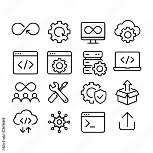 Software development DevOps icon set. Outline symbols. Line design