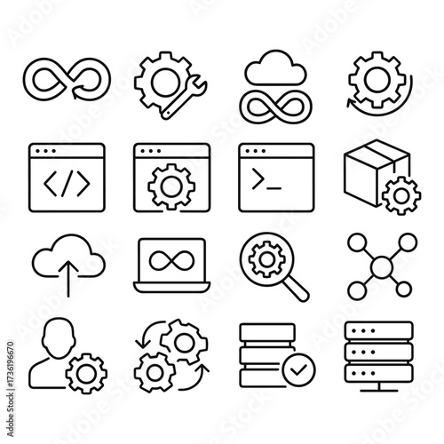 DevOps automation vector icons. Outline symbols. Line design