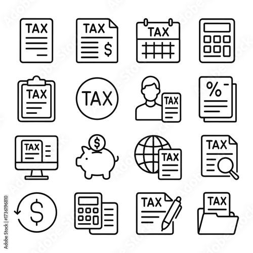 Income tax preparation icons. Outline symbols. Line design
