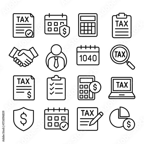Tax preparation vector icon set. Outline symbols. Line design