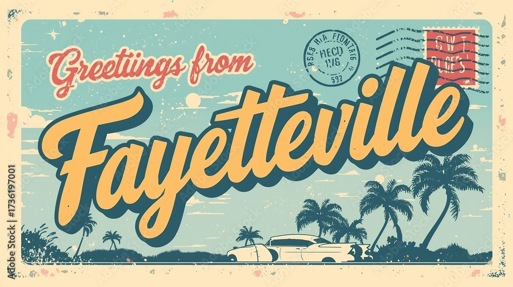 Obraz premium Vintage Greetings from Fayetteville Postcard with Sunset Gradient and Surreal Stampwork