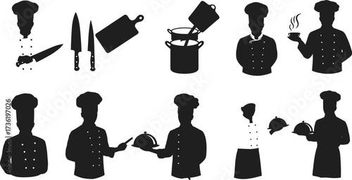 Silhouette vector illustration of chefs cooking, preparing meals, serving dishes, with kitchen utensils, knives, cutting board, and culinary presentation concepts.