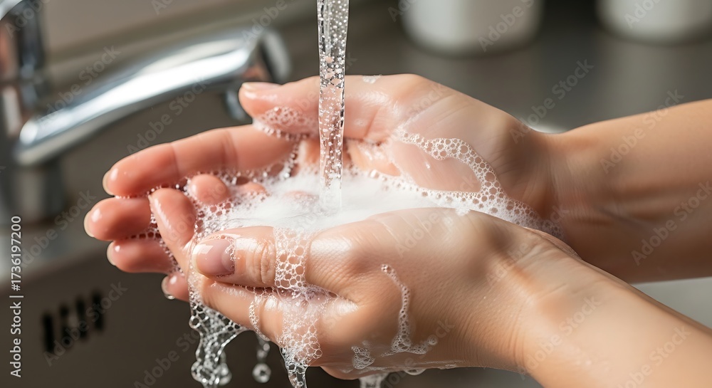Fototapeta premium Washing Hands Thoroughly With Soap And Water To Remove Germs