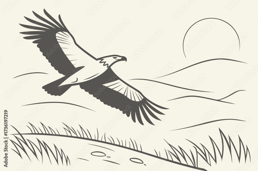 Fototapeta premium Bird on Branch and Rolling Hills Vector - Duotone Nature Graphic