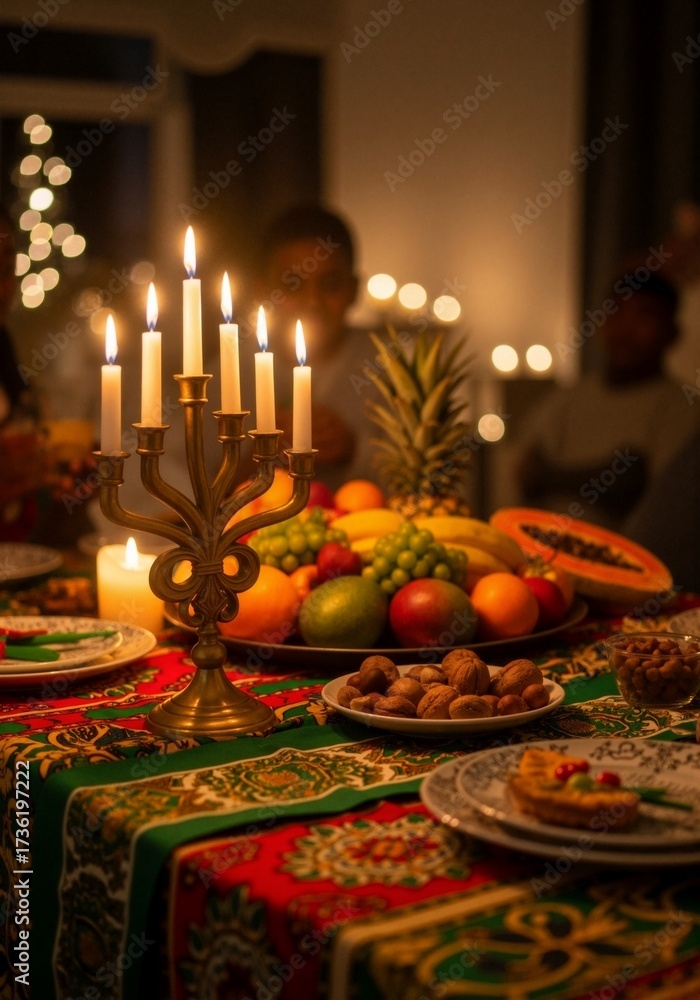 Naklejka premium Kinara with seven lit candles on a decorated festive table for Kwanzaa. Traditional African American holiday celebration with a harvest feast. Warm candlelight ambiance