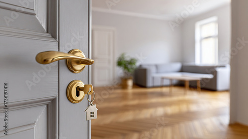 An open door to a new home with a key and a house-shaped keychain. Mortgages, investments, real estate, real estate background, and the concept of a new home